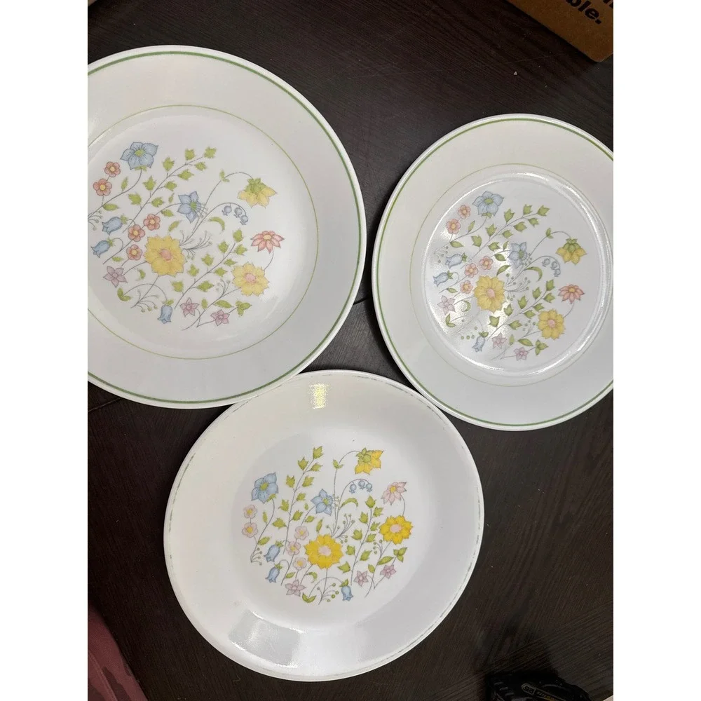 Corelle Meadow Dinner Plates Set of 3 Floral Wildflower Green Rim Vitrelle Glass
